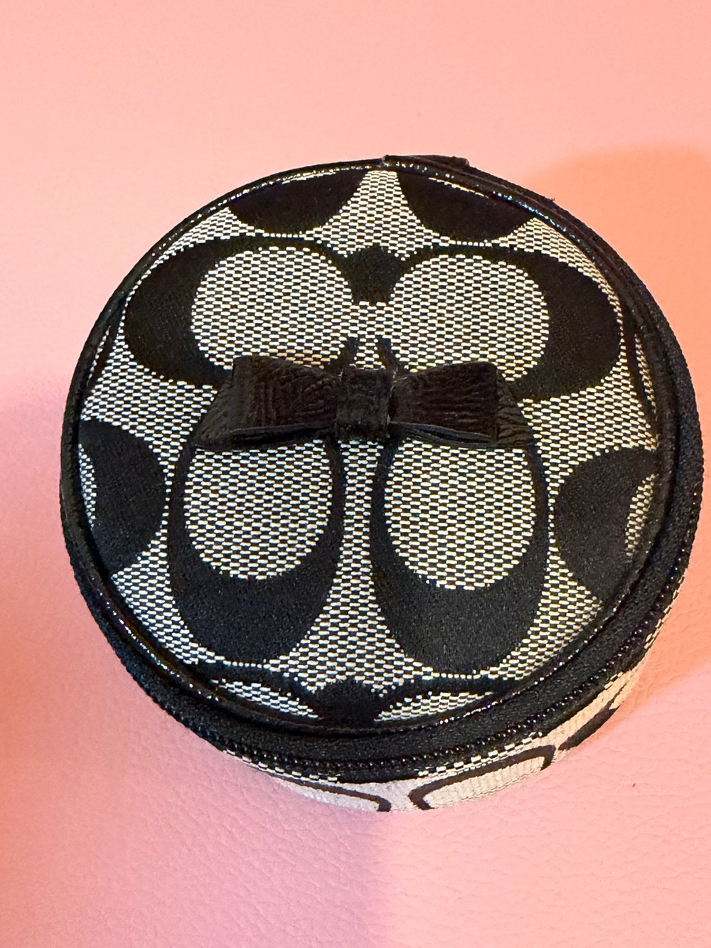 Coach Black & Cream Patterned Round Jewelry Case